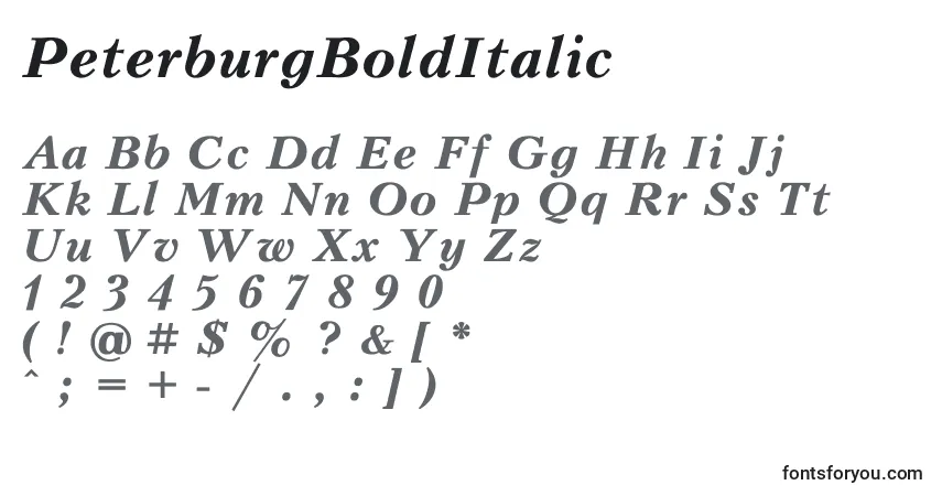 A fonte PeterburgBoldItalic – alfabeto, números, caracteres especiais