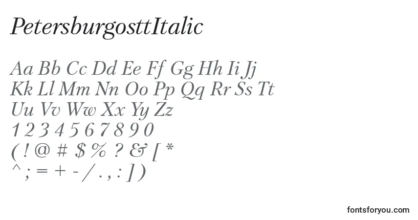 Schriftart PetersburgosttItalic – Alphabet, Zahlen, spezielle Symbole