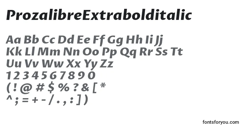 A fonte ProzalibreExtrabolditalic – alfabeto, números, caracteres especiais