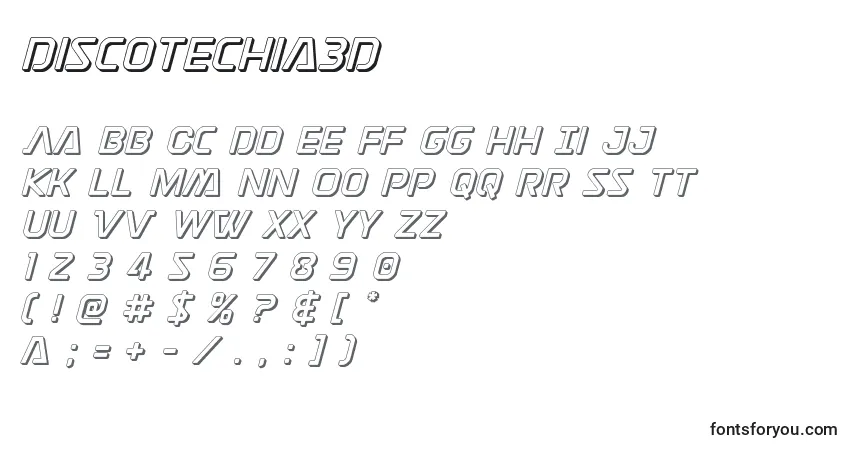 Czcionka Discotechia3D – alfabet, cyfry, specjalne znaki