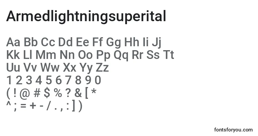 Czcionka Armedlightningsuperital – alfabet, cyfry, specjalne znaki