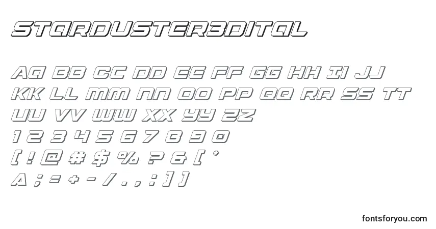 Czcionka Starduster3Dital – alfabet, cyfry, specjalne znaki