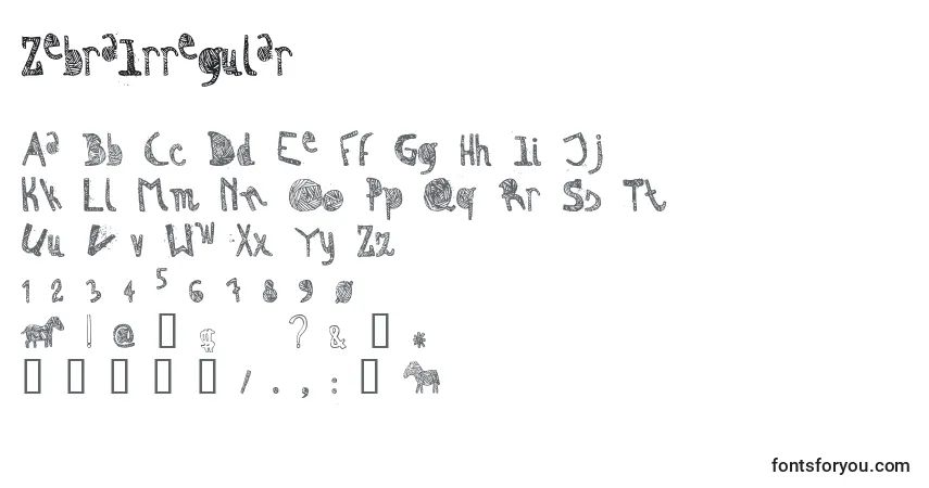 A fonte ZebraIrregular – alfabeto, números, caracteres especiais