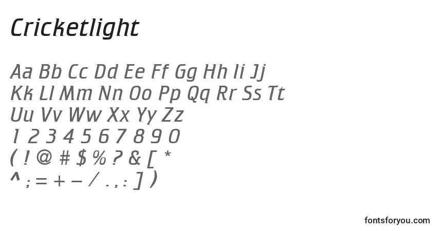 Czcionka Cricketlight – alfabet, cyfry, specjalne znaki