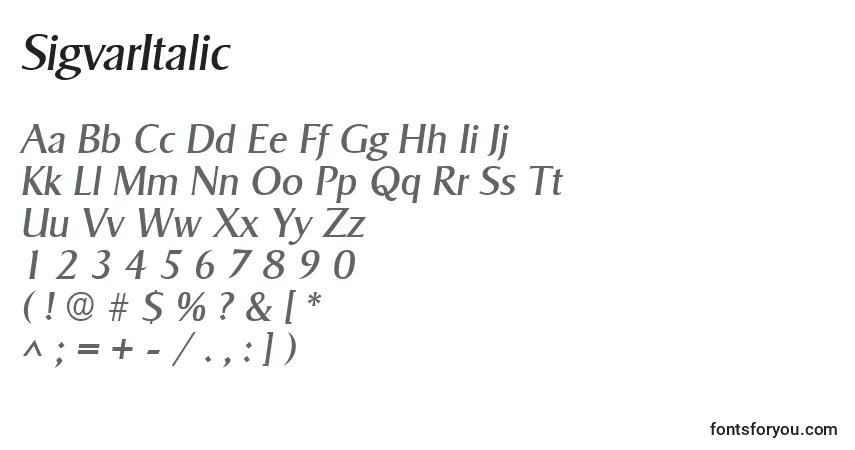 Czcionka SigvarItalic – alfabet, cyfry, specjalne znaki