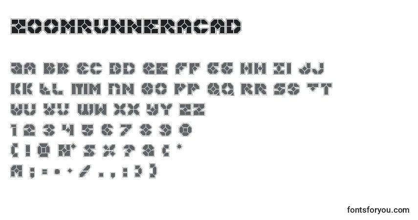 Schriftart Zoomrunneracad – Alphabet, Zahlen, spezielle Symbole