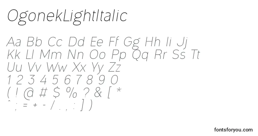 Шрифт OgonekLightItalic – алфавит, цифры, специальные символы