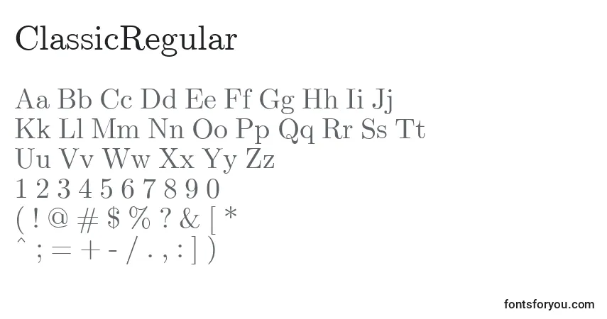 Czcionka ClassicRegular – alfabet, cyfry, specjalne znaki