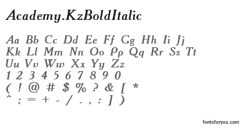 Czcionka Academy.KzBoldItalic – alfabet, cyfry, specjalne znaki