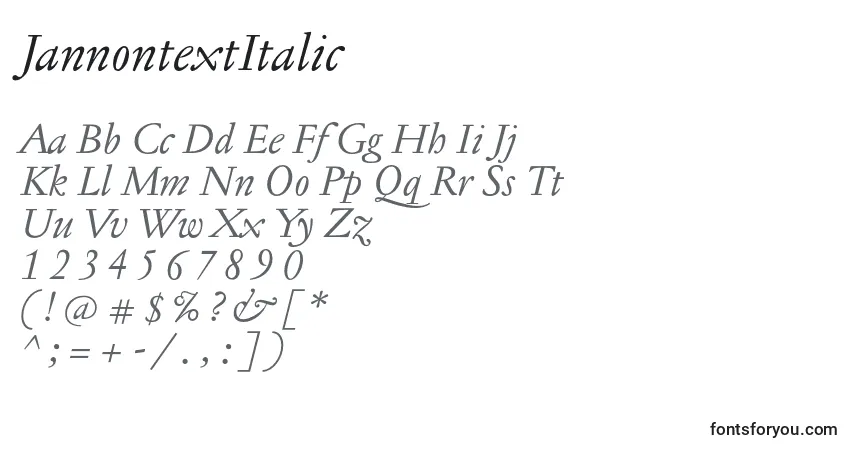Schriftart JannontextItalic – Alphabet, Zahlen, spezielle Symbole