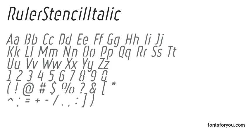 RulerStencilItalic-fontti – aakkoset, numerot, erikoismerkit