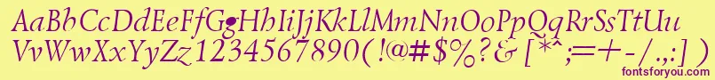 フォントLazurskyItalic.001.001 – 紫色のフォント、黄色の背景