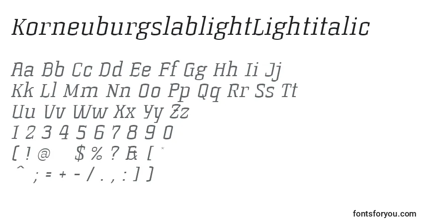 A fonte KorneuburgslablightLightitalic – alfabeto, números, caracteres especiais
