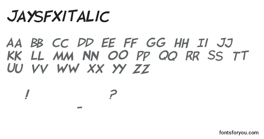 Schriftart Jaysfxitalic – Alphabet, Zahlen, spezielle Symbole