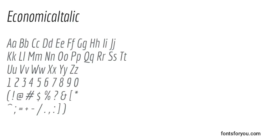 A fonte EconomicaItalic – alfabeto, números, caracteres especiais
