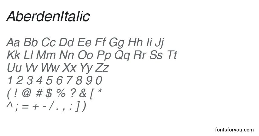 Шрифт AberdenItalic – алфавит, цифры, специальные символы