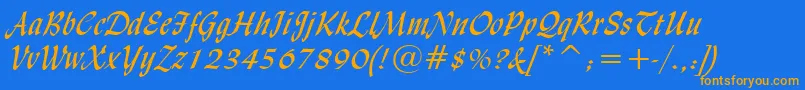 Fonte LydianCursiveBt – fontes laranjas em um fundo azul