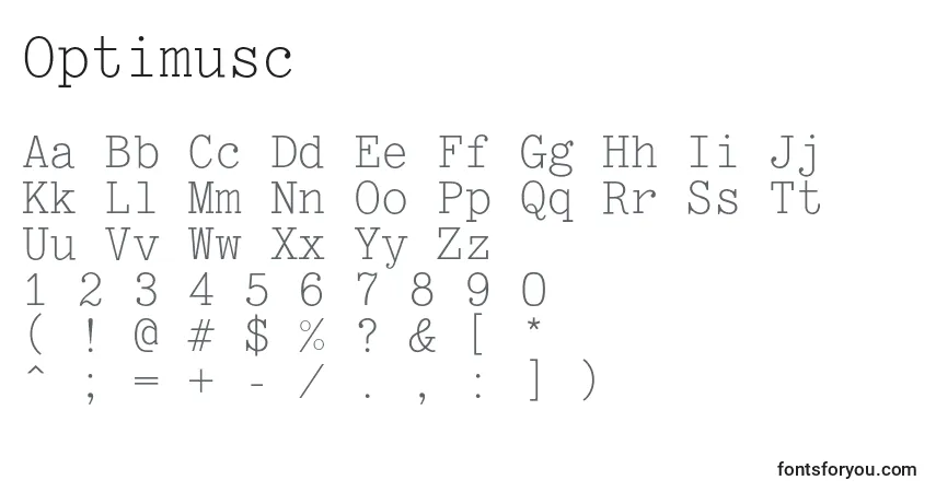 A fonte Optimusc – alfabeto, números, caracteres especiais