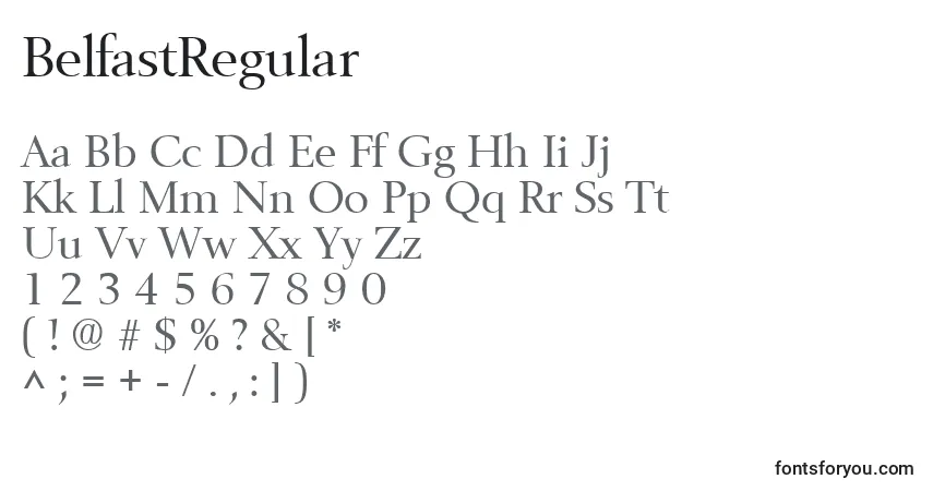 Czcionka BelfastRegular – alfabet, cyfry, specjalne znaki