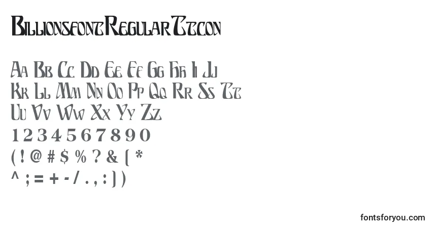 Czcionka BillionsfontRegularTtcon – alfabet, cyfry, specjalne znaki