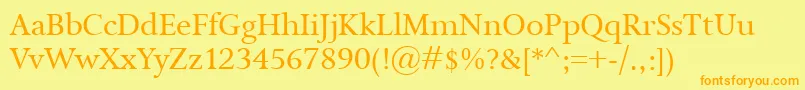 フォントIsolde – オレンジの文字が黄色の背景にあります。