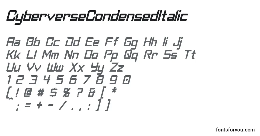 A fonte CyberverseCondensedItalic – alfabeto, números, caracteres especiais
