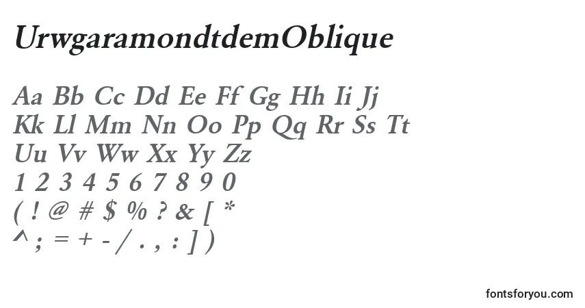 A fonte UrwgaramondtdemOblique – alfabeto, números, caracteres especiais