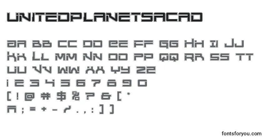 A fonte Unitedplanetsacad – alfabeto, números, caracteres especiais