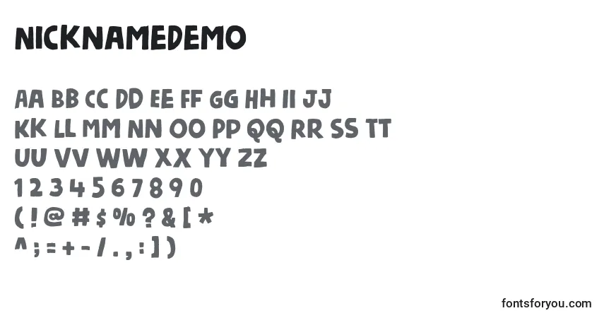 Czcionka NicknameDemo – alfabet, cyfry, specjalne znaki