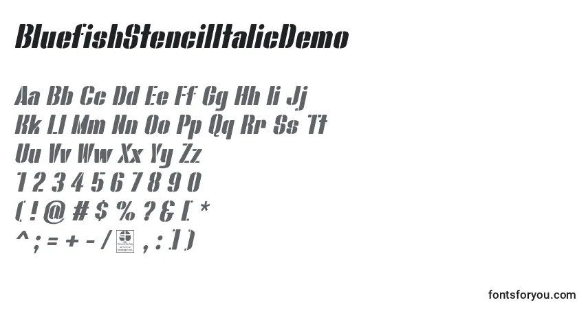 BluefishStencilItalicDemo-fontti – aakkoset, numerot, erikoismerkit