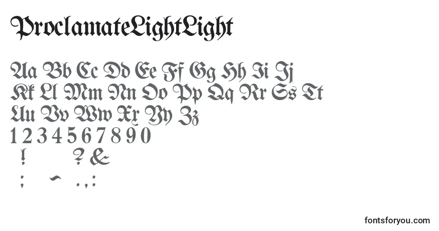 Czcionka ProclamateLightLight – alfabet, cyfry, specjalne znaki