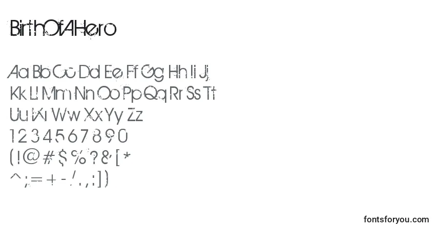 Czcionka BirthOfAHero – alfabet, cyfry, specjalne znaki