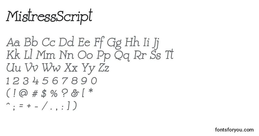 Fuente MistressScript - alfabeto, números, caracteres especiales