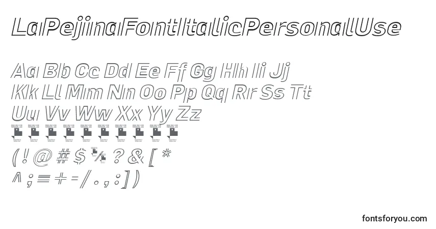 Fuente LaPejinaFontItalicPersonalUse (88248) - alfabeto, números, caracteres especiales