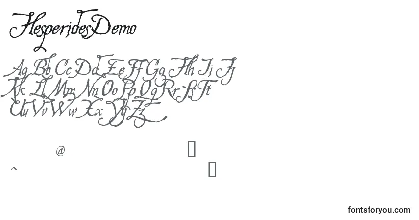 Czcionka HesperidesDemo – alfabet, cyfry, specjalne znaki