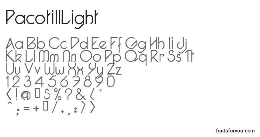 A fonte PacotillLight – alfabeto, números, caracteres especiais