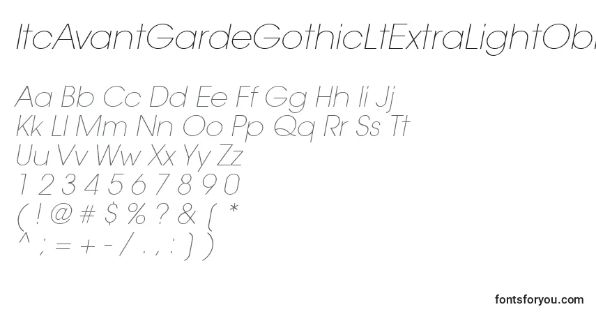 Schriftart ItcAvantGardeGothicLtExtraLightOblique – Alphabet, Zahlen, spezielle Symbole