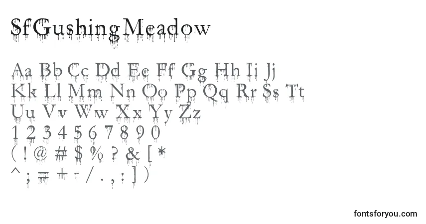 Czcionka SfGushingMeadow – alfabet, cyfry, specjalne znaki