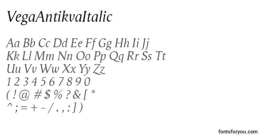 Шрифт VegaAntikvaItalic – алфавит, цифры, специальные символы