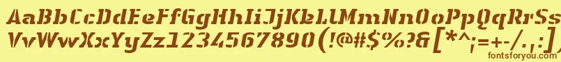 フォントLinotypeAuthenticStencilHeavyitalic – 茶色の文字が黄色の背景にあります。