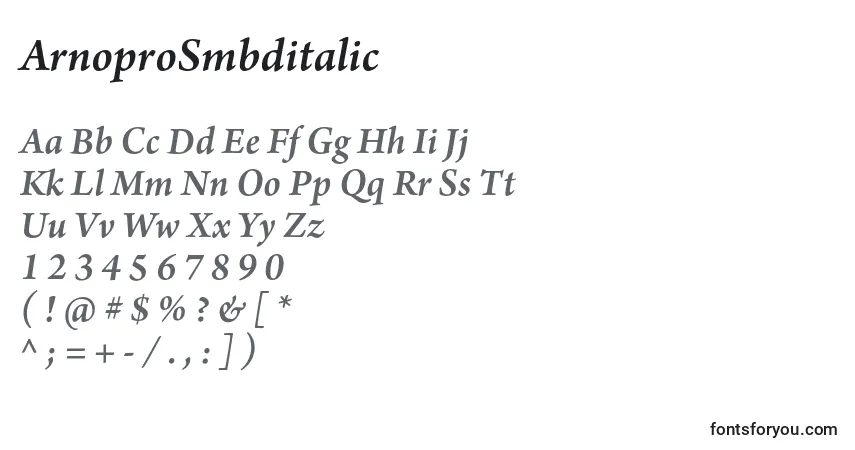 Czcionka ArnoproSmbditalic – alfabet, cyfry, specjalne znaki