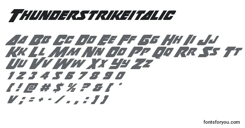 Шрифт Thunderstrikeitalic – алфавит, цифры, специальные символы