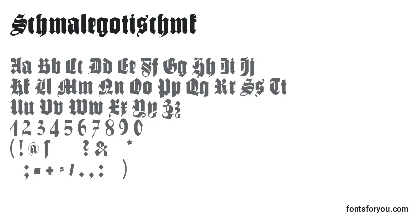 A fonte Schmalegotischmk – alfabeto, números, caracteres especiais