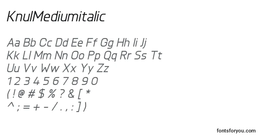 Шрифт KnulMediumitalic – алфавит, цифры, специальные символы