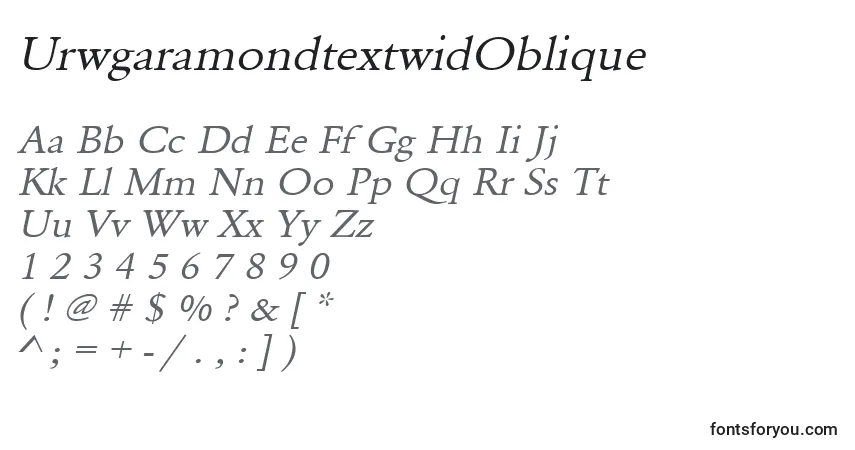 Шрифт UrwgaramondtextwidOblique – алфавит, цифры, специальные символы