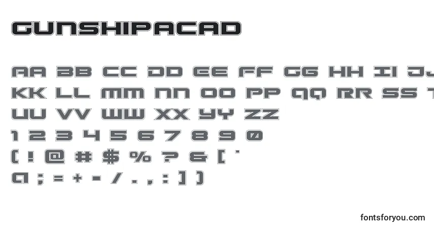 A fonte Gunshipacad – alfabeto, números, caracteres especiais