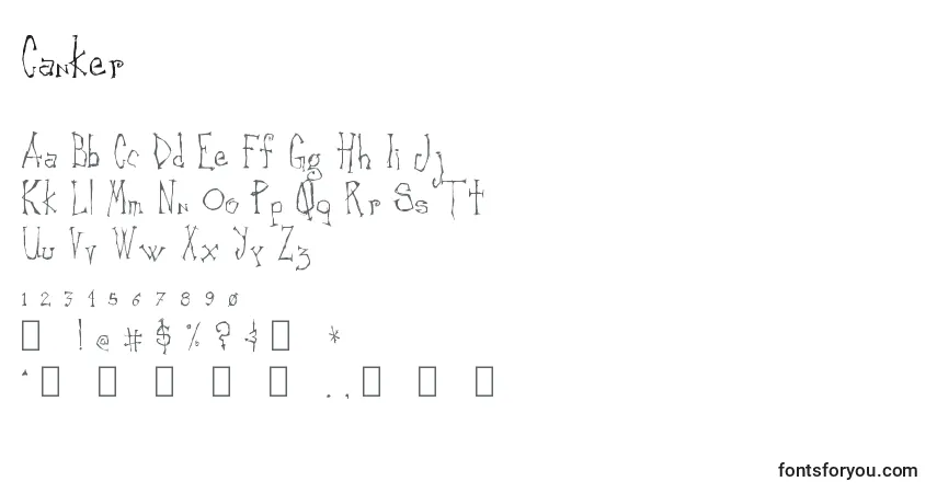 Czcionka Canker – alfabet, cyfry, specjalne znaki