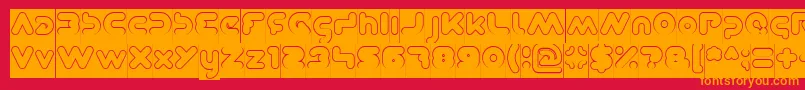 DominiqueHollowInverse-Schriftart – Orangefarbene Schriften auf rotem Hintergrund