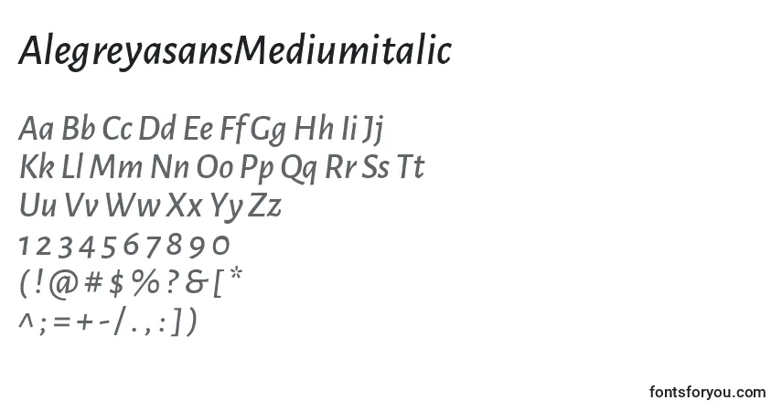 A fonte AlegreyasansMediumitalic – alfabeto, números, caracteres especiais