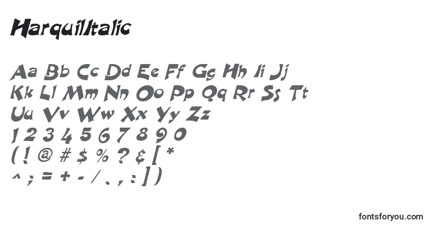 A fonte HarquilItalic – alfabeto, números, caracteres especiais
